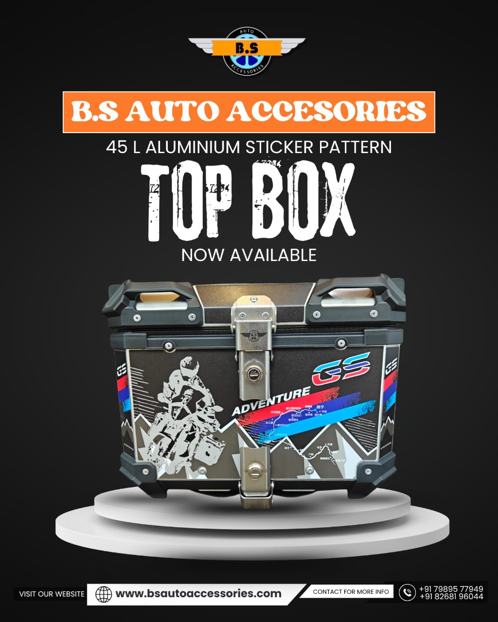 B.S AUTO ACCESSORIES BLACK GS GRAPHICS 45L ALUMINIUM TOP BOX - Bs Auto Accessories