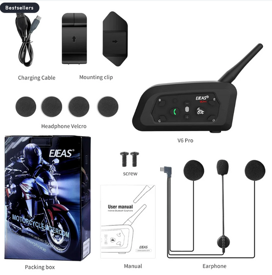 EJEAS V6 PRO INTERCOM - Bluetooth & Helmet intercom for riders communication v6 motorcycle intercom for helmet -1 year warranty 1km range