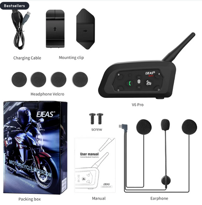 EJEAS V6 PRO INTERCOM - Bluetooth & Helmet intercom for riders communication v6 motorcycle intercom for helmet -1 year warranty 1km range