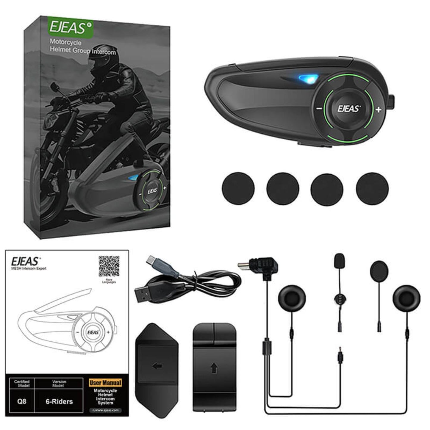 EJEAS Q8 Motorcycle Mesh Intercom | 6 RIDER CONNECT | Helmet Intercom